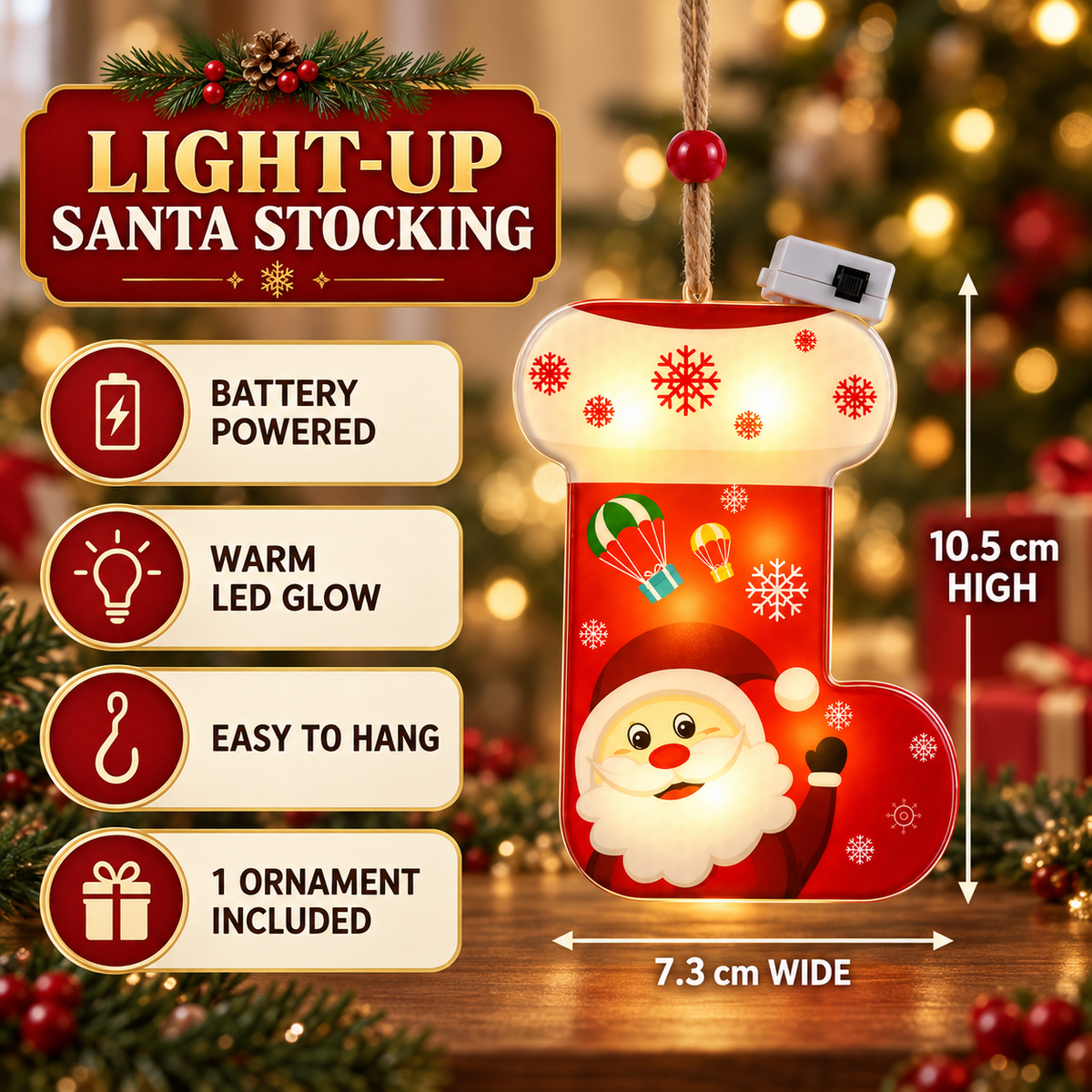 Santa Stocking LED Hanging Ornament